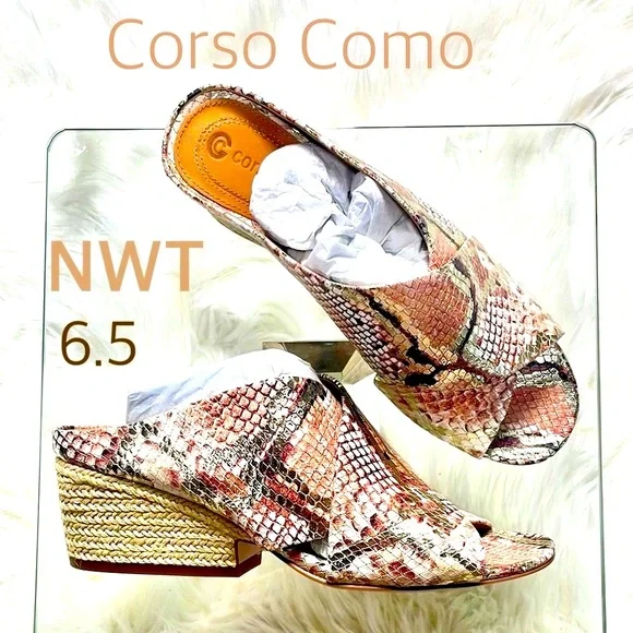 NWT corso como leather platinum pink snake slip on mules espadrille heel 6.5 - Picture 2 of 16